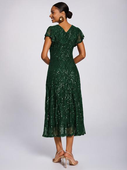 Jolie Moi Sequin V-Neck Fit & Flare Dress, Dark Green - view 2, Dark Green