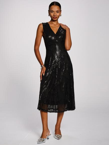 Jolie Moi Patterned Sequin V-Neckline Midi Dress, Black, Black