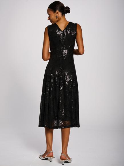 Jolie Moi Patterned Sequin V-Neckline Midi Dress, Black - view 2, Black