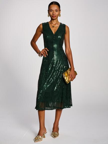 Jolie Moi Patterned Sequin V-Neckline Midi Dress, Dark Green, Dark Green