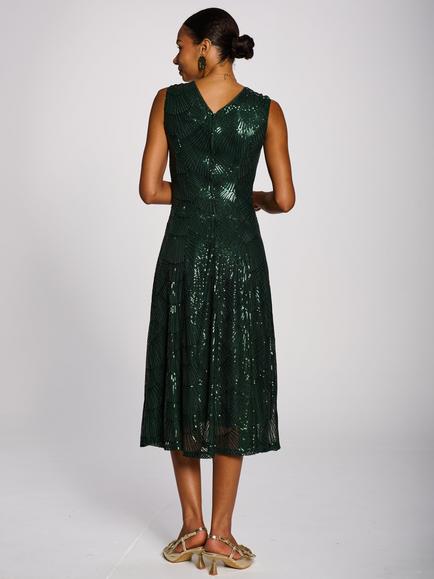 Jolie Moi Patterned Sequin V-Neckline Midi Dress, Dark Green - view 2, Dark Green