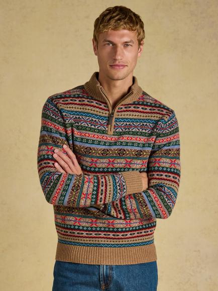 Joules Wool Rich Fair Isle Quarter Zip Jumper, Multi, Multi