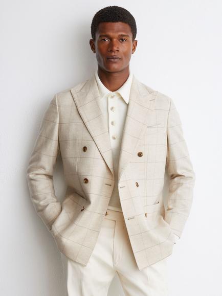 Reiss Elion Italian Wool Double Breasted Check Blazer, Light Oatmeal, Light Oatmeal