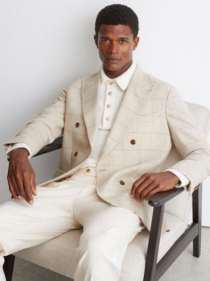 Reiss Elion Italian Wool Double Breasted Check Blazer, Light Oatmeal - view 2, Light Oatmeal