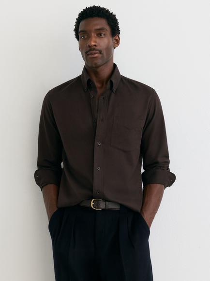 Reiss Hunt Cotton Flannel Regular Fit Shirt, Dark Brown