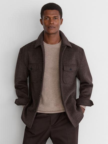 Reiss Liam Wool Rich Regular Fit Check Overshirt, Brown, Brown