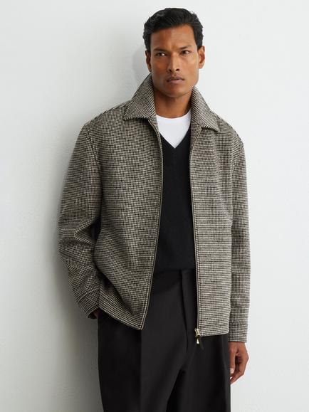 Reiss Petrov Wool Blend Puppytooth Zip Through Overshirt, Dark Brown, Dark Brown