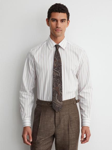 Reiss Titan Pure Cotton Pinstripe Spread Collar Regular Fit Shirt, White/Brown, White/Brown