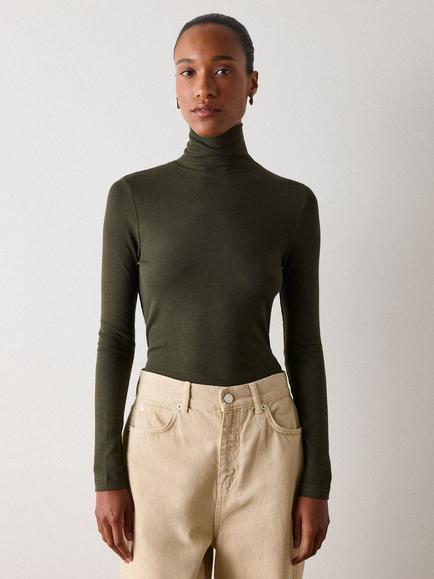 Whistles Essential Ribbed Polo Neck Top containing LENZING™ ECOVERO™ Viscose, Khaki, Khaki