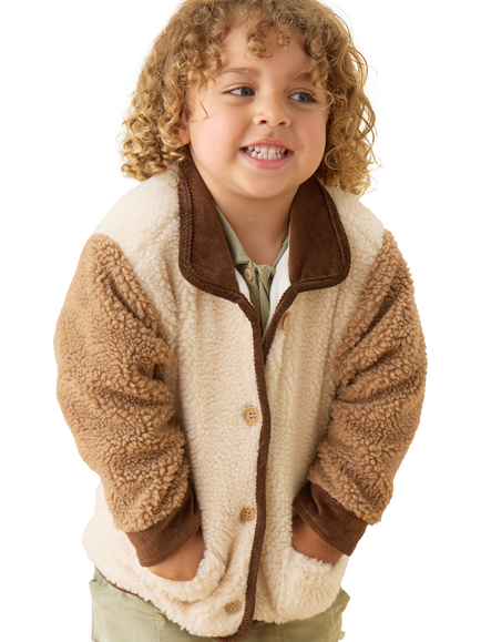 MORI Kids' Colour Block Borg Jacket, Brown Multi - view 2, Brown Multi