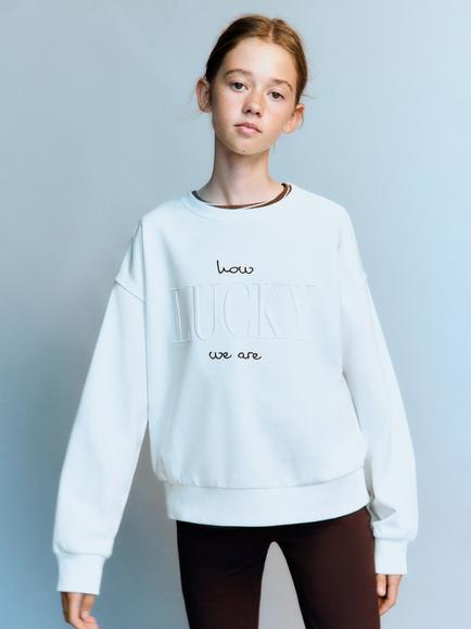 Mango Kids' Sudadera Embroidered Cotton Sweatshirt, Off White, Off White