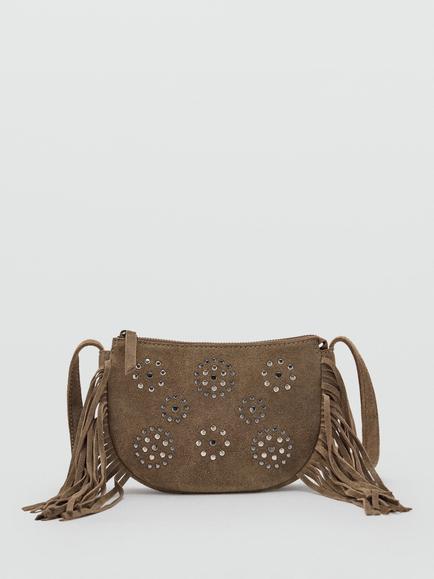 Mango Kids' Studded Suede Crossbody Fringe Bag, Brown, Brown