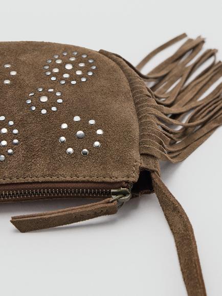 Mango Kids' Studded Suede Crossbody Fringe Bag, Brown - view 2, Brown
