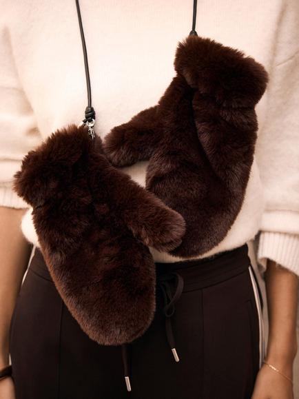 Mint Velvet Faux Fur Mittens, Brown - view 2, Brown