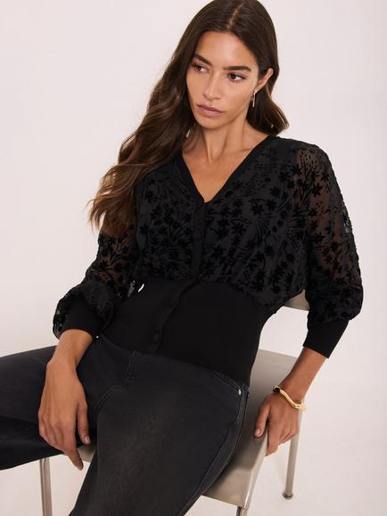 Mint Velvet Floral Textured Cardigan, Black - view 2, Black