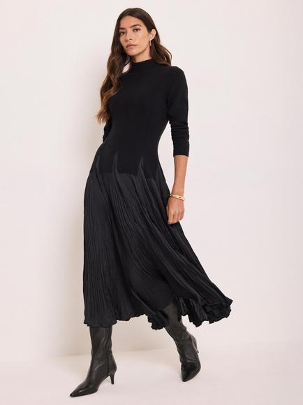Mint Velvet Layered Drop Waist Knit Crinkle Midi Dress, Black, Black