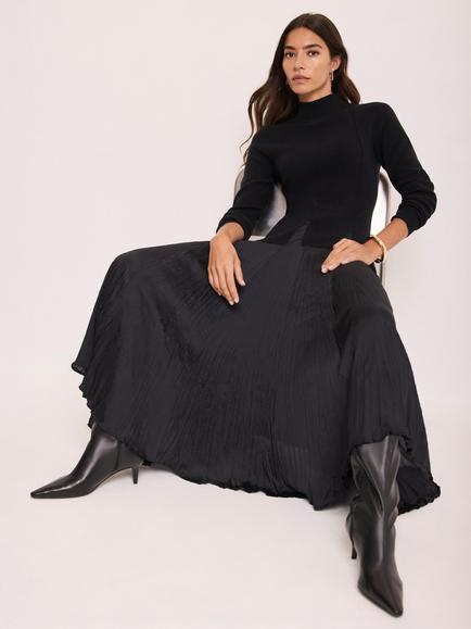 Mint Velvet Layered Drop Waist Knit Crinkle Midi Dress, Black - view 2, Black