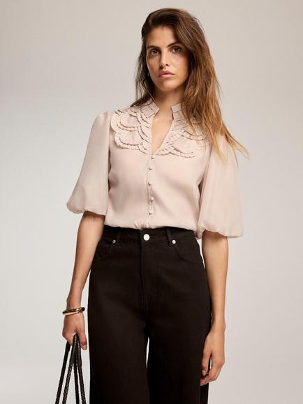 Mint Velvet Pleated Puff Sleeve Blouse, Natural - view 2, Natural