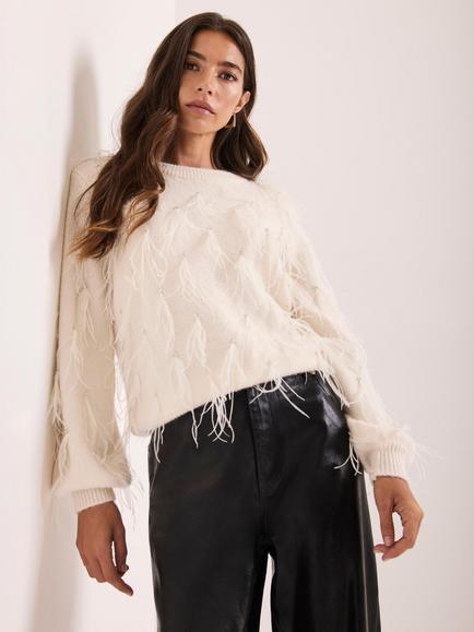 Mint Velvet Sequin Embellished Feather Detail Jumper, Natural Cream, Natural Cream