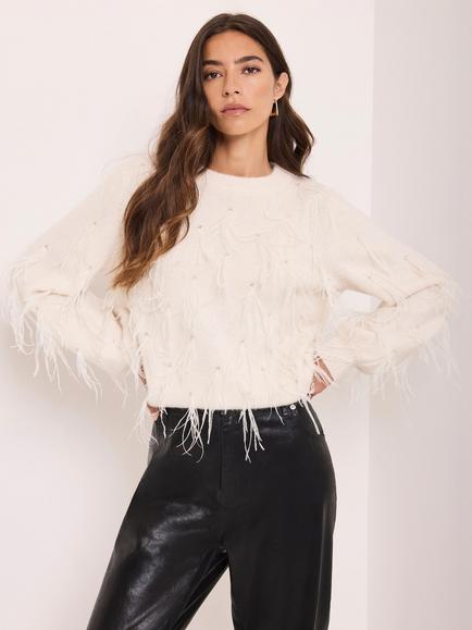 Mint Velvet Sequin Embellished Feather Detail Jumper, Natural Cream - view 2, Natural Cream