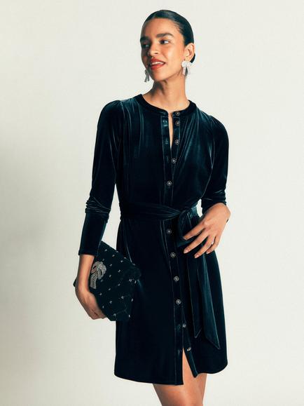 Boden Honor Velvet Round Neck Dress, Teal Ocean, Teal Ocean