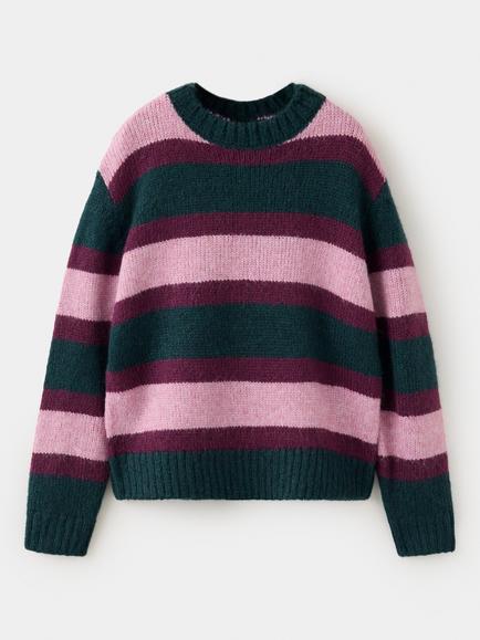 Mango Kids' Knitted Stripe Crew Neck Jumper, Bottle Green, Bottle Green