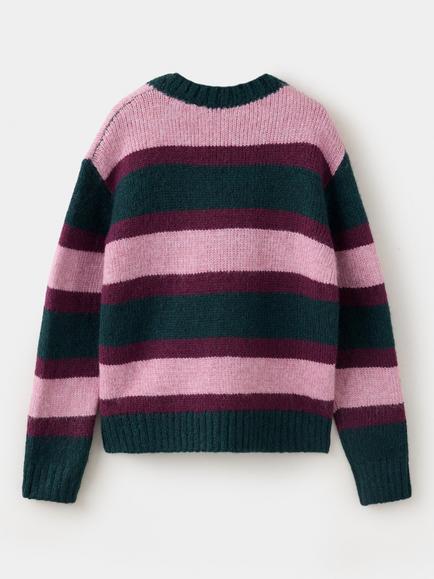 Mango Kids' Knitted Stripe Crew Neck Jumper, Bottle Green - view 2, Bottle Green
