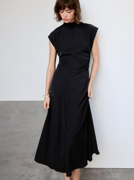 Mango Mandarin Collar Cap Sleeve Midi Dress, Black, Black