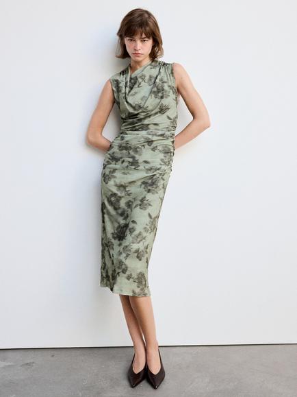 Mango Asymmetric Cowl Neck Midi Dress, Green, Green