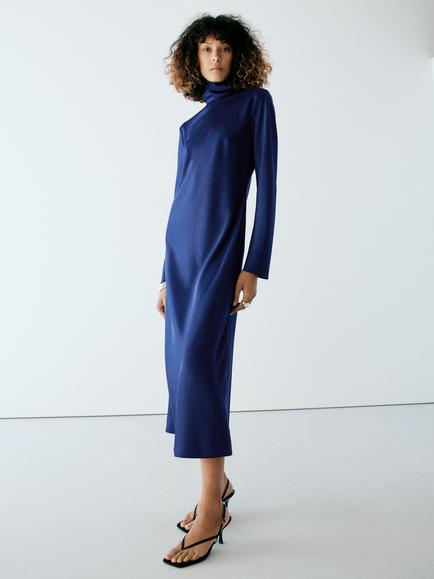 Mango High Neck Draped Midi Dress, Midnight Blue, Midnight Blue