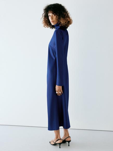 Mango High Neck Draped Midi Dress, Midnight Blue - view 2, Midnight Blue