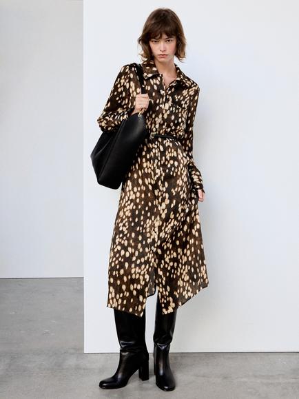 Mango Abstract Printed Midi Shirt Dress, Brown, Brown