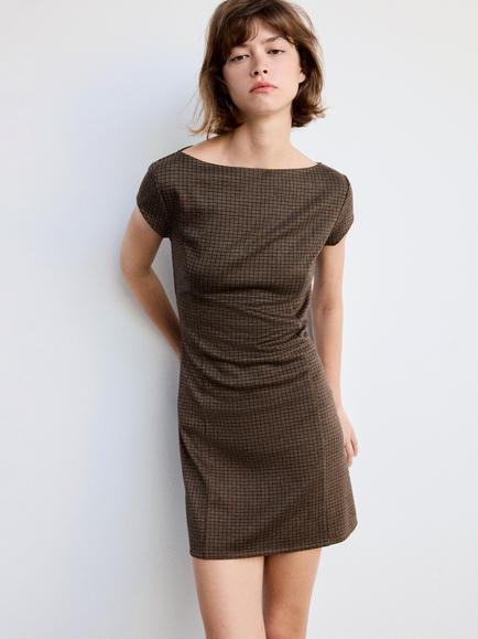 Mango Check Boat Neck Mini Dress, Brown, Brown