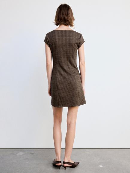 Mango Check Boat Neck Mini Dress, Brown - view 2, Brown