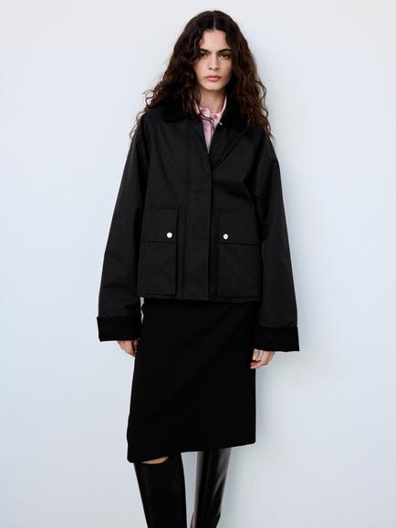 Mango Loose Fit Corduroy Collar Parka Coat, Black, Black
