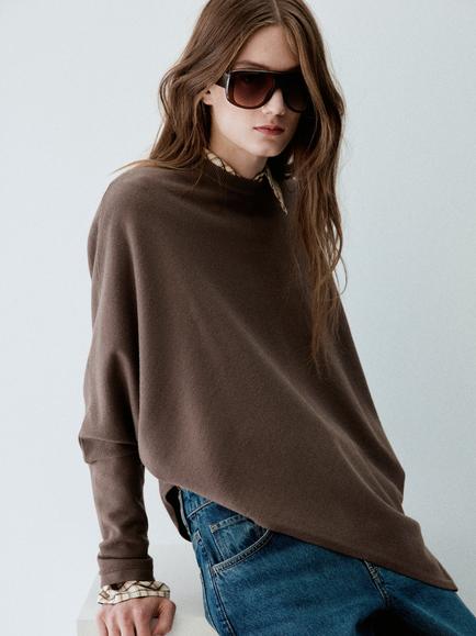 Mango Fine Knit Asymmetric Jumper, Chocolate, Chocolate