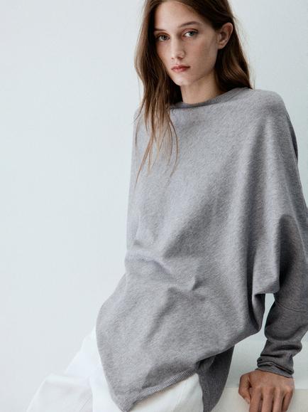 Mango Fine Knit Asymmetric Jumper, Mid Grey Melange, Mid Grey Melange