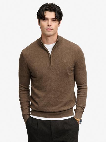 Superdry Lightweight Wool Blend Half-Zip Jumper, Biscuit Brown Marl, Biscuit Brown Marl