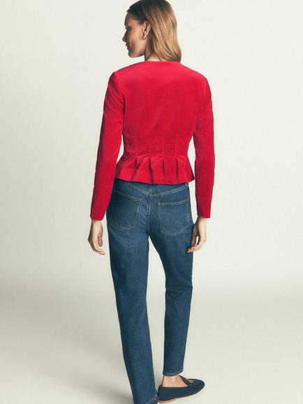 Boden Velvet Tailored Waist Jacket, Savvy Red - view 2, Savvy Red
