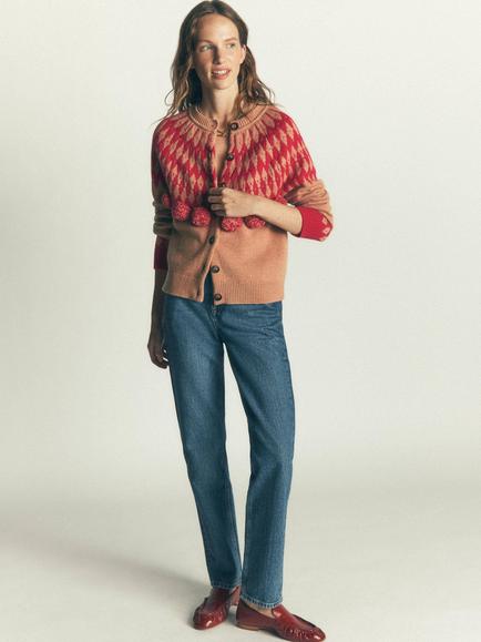 Boden Fair Isle Pom-Pom Cardigan, Camel/Red, Camel/Red
