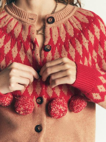 Boden Fair Isle Pom-Pom Cardigan, Camel/Red - view 2, Camel/Red