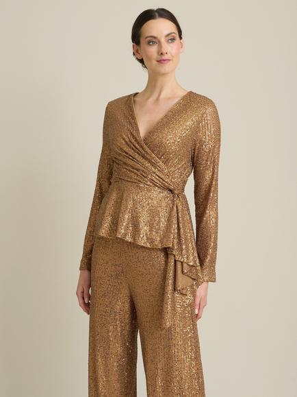 Gina Bacconi Pixie Sequin Faux Wrap Blouse, Bronze