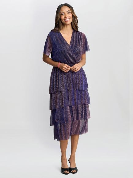 Gina Bacconi Metallic Tiered Dress, Pink/Cobalt, Pink/Cobalt