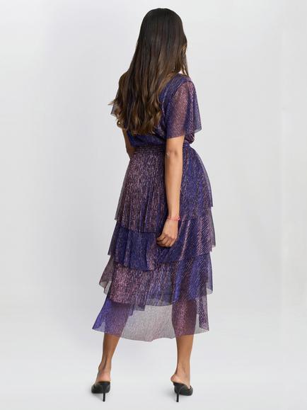 Gina Bacconi Metallic Tiered Dress, Pink/Cobalt - view 2, Pink/Cobalt