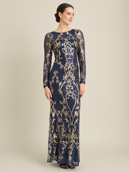 Gina Bacconi Electra Beaded Maxi Dress, Navy/Gold, Navy/Gold