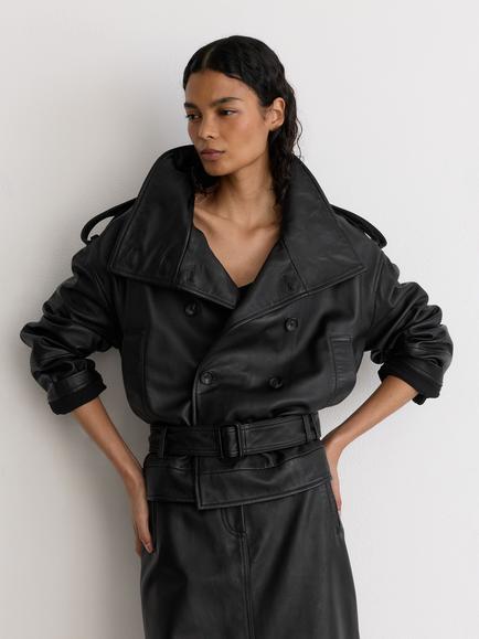 Reiss Amelie Double Breasted Leather Jacket, Black, Black