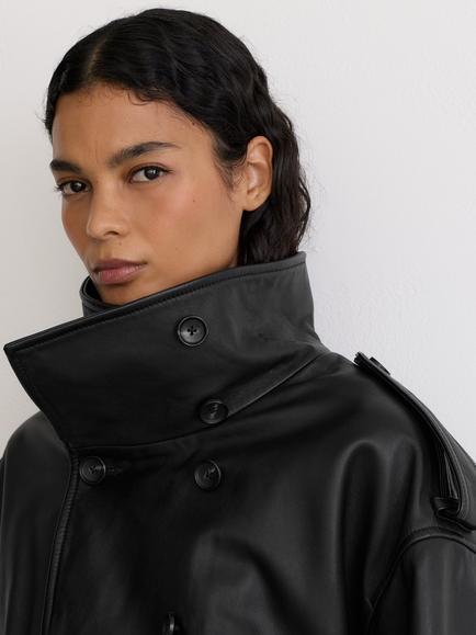 Reiss Amelie Double Breasted Leather Jacket, Black - view 2, Black
