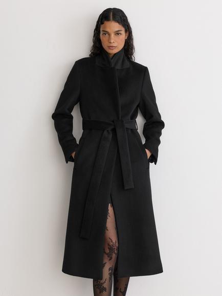 Reiss Francesca Wool Rich Faux Fur Trim Coat, Black, Black