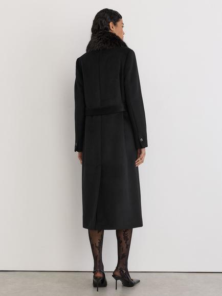 Reiss Francesca Wool Rich Faux Fur Trim Coat, Black - view 2, Black