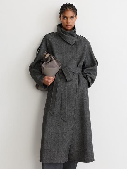 Reiss Martina Herringbone Funnel Neck Overcoat, Dark Grey, Dark Grey